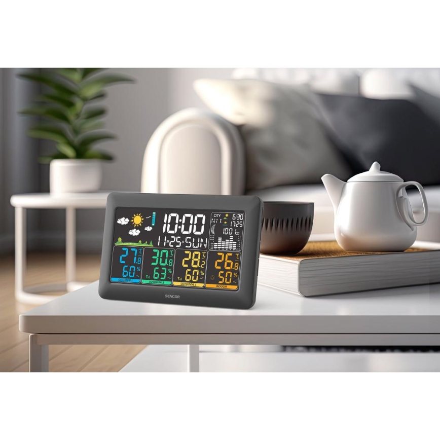 Sencor - Wetterstation mit farbigem LCD-Display + 3 Sensoren, 3xAA + 6xAA, schwarz