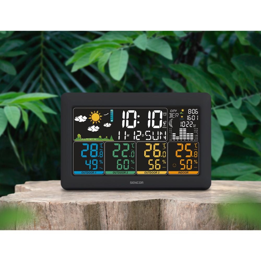 Sencor - Wetterstation mit farbigem LCD-Display + 3 Sensoren, 3xAA + 6xAA, schwarz