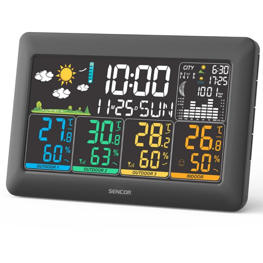 Sencor - Wetterstation mit farbigem LCD-Display + 3 Sensoren, 3xAA + 6xAA, schwarz