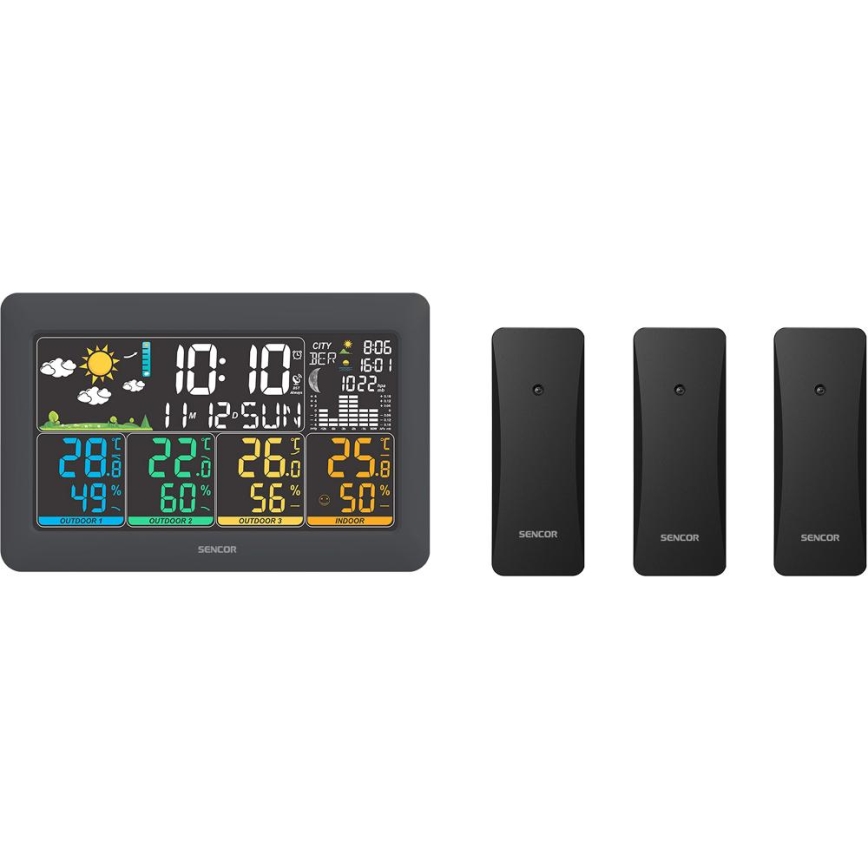 Sencor - Wetterstation mit farbigem LCD-Display + 3 Sensoren, 3xAA + 6xAA, schwarz