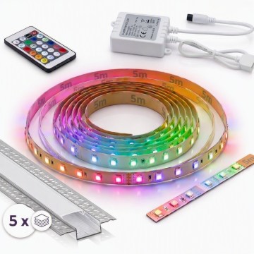 SET 1x dimmbares LED-RGBW-Band DIGITAL 16,5 W/230 V, 5 m + 5x Einbauprofil 1 m, silber/weiß + Fernbedienung