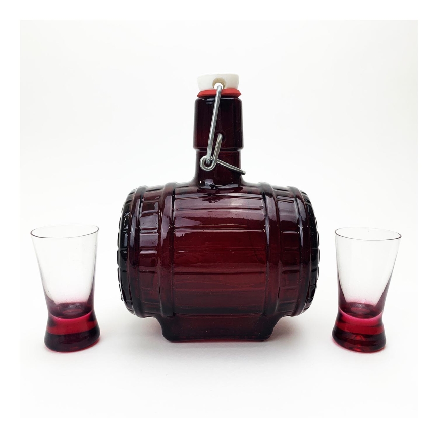 Set 1x Glasflasche in Fassform und 2x Shot-Gläser klar, rote Farbe