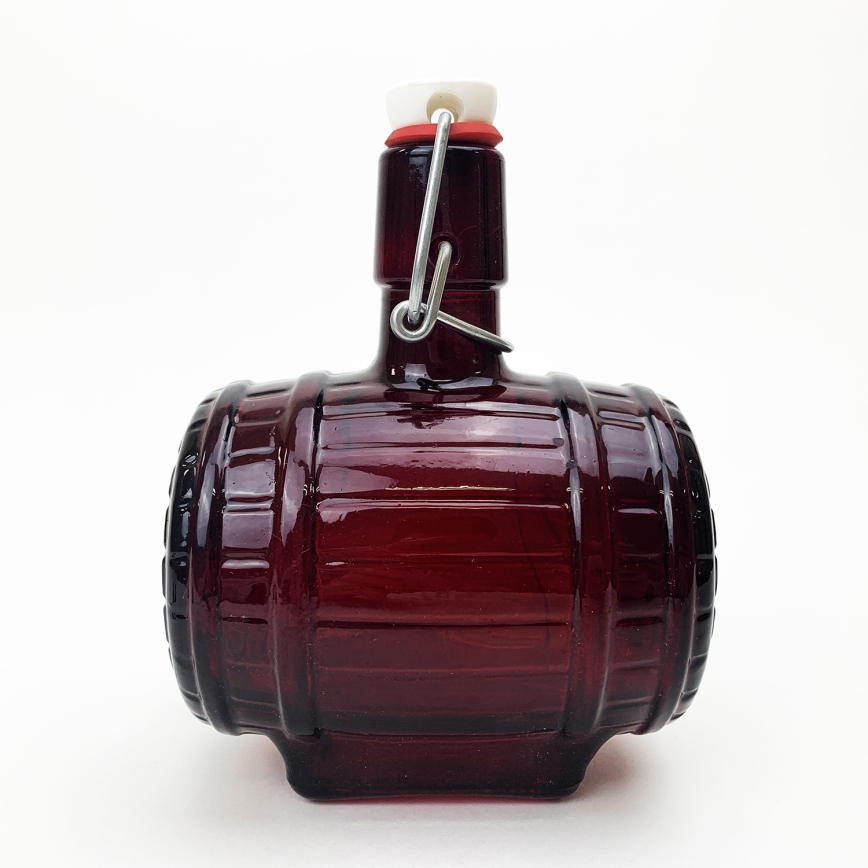 Set 1x Glasflasche in Fassform und 2x Shot-Gläser klar, rote Farbe