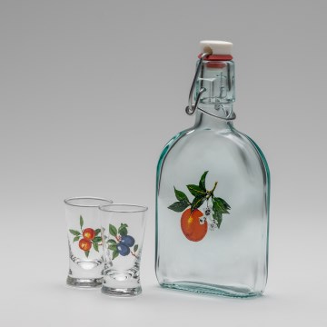Set 1x Glasflasche und 2x Shot-Gläser klar mit Aprikosenmotiv