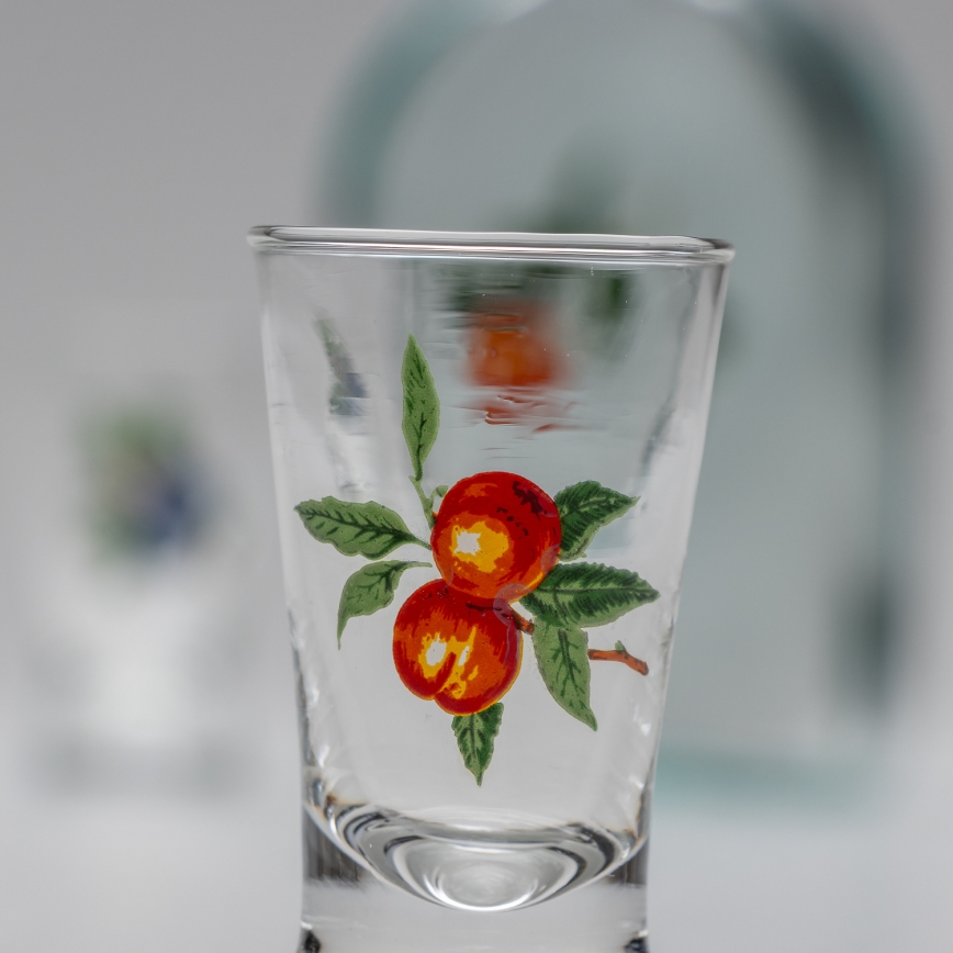 Set 1x Glasflasche und 2x Shot-Gläser klar mit Aprikosenmotiv