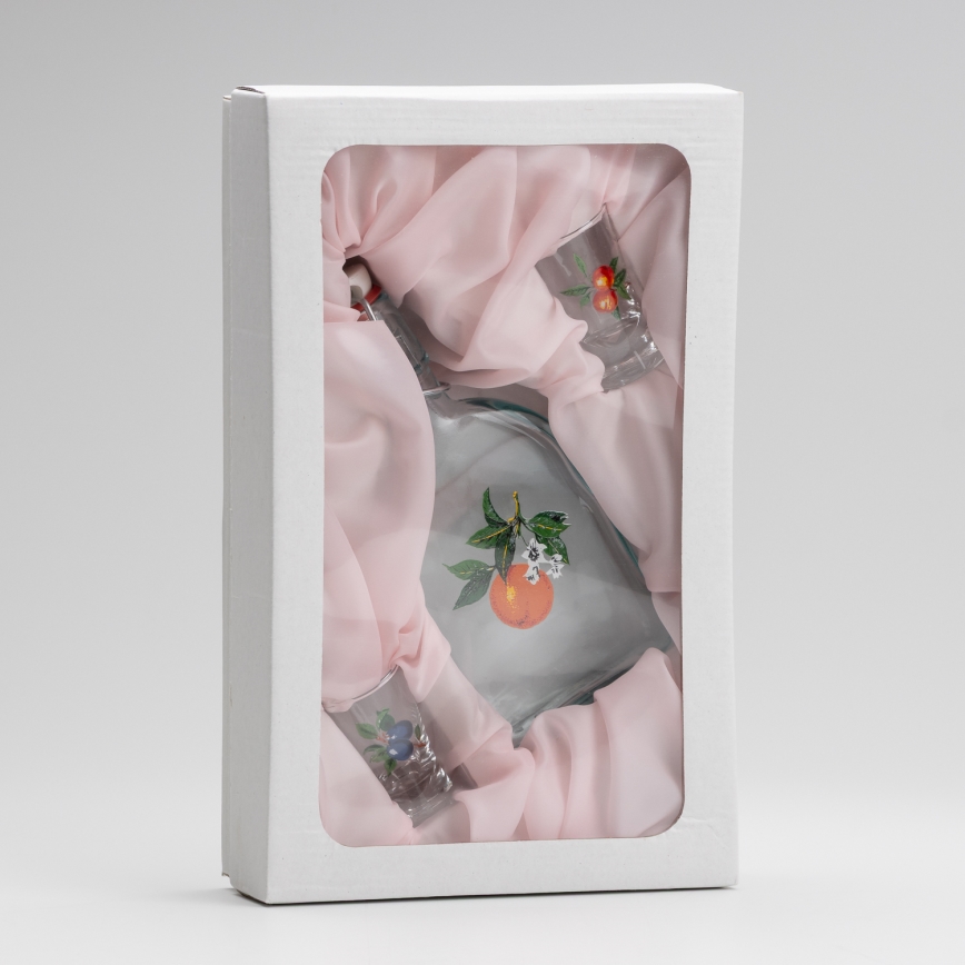 Set 1x Glasflasche und 2x Shot-Gläser klar mit Aprikosenmotiv