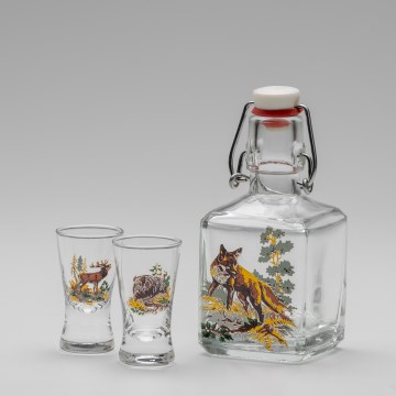 Set 1x Glasflasche und 2x Shot-Gläser klar mit Fuchs-Motiv