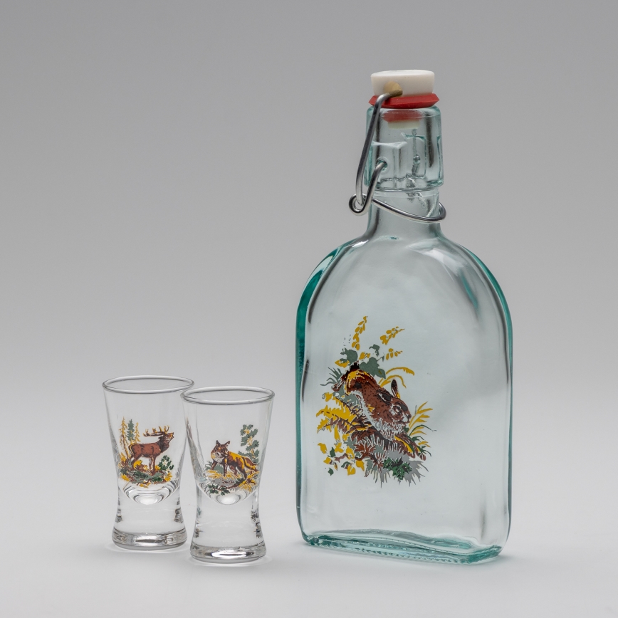 Set 1x Glasflasche und 2x Shot-Gläser klar mit Hasenmotiv
