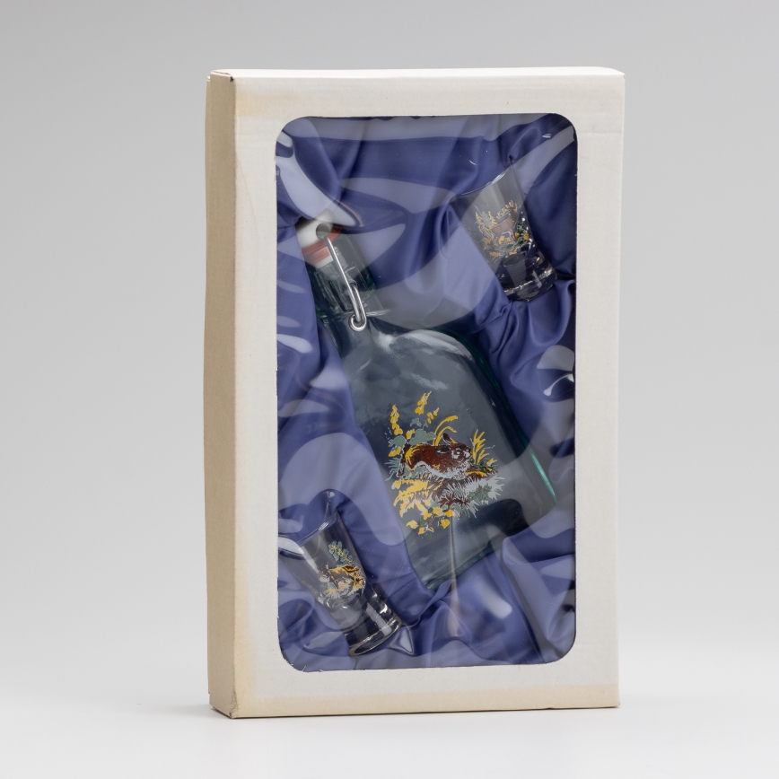 Set 1x Glasflasche und 2x Shot-Gläser klar mit Hasenmotiv