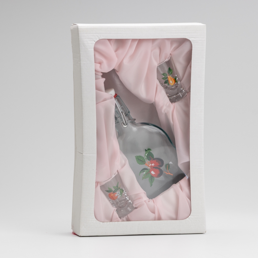 Set 1x Glasflasche und 2x Shot-Gläser klar mit Kirschenmotiv