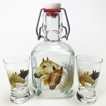 Set 1x Glasflasche und 2x Shot-Gläser klar mit Pferdemotiv