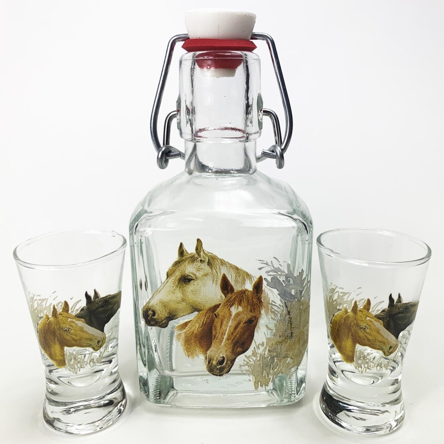 Set 1x Glasflasche und 2x Shot-Gläser klar mit Pferdemotiv
