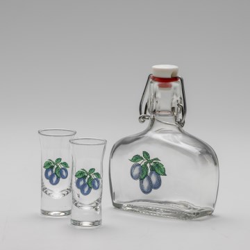 Set 1x Glasflasche und 2x Shot-Gläser klar mit Pflaumenmotiv
