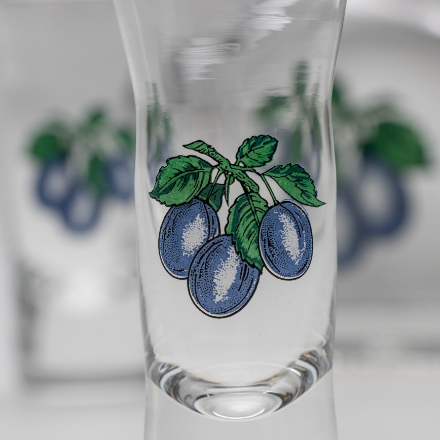 Set 1x Glasflasche und 2x Shot-Gläser klar mit Pflaumenmotiv