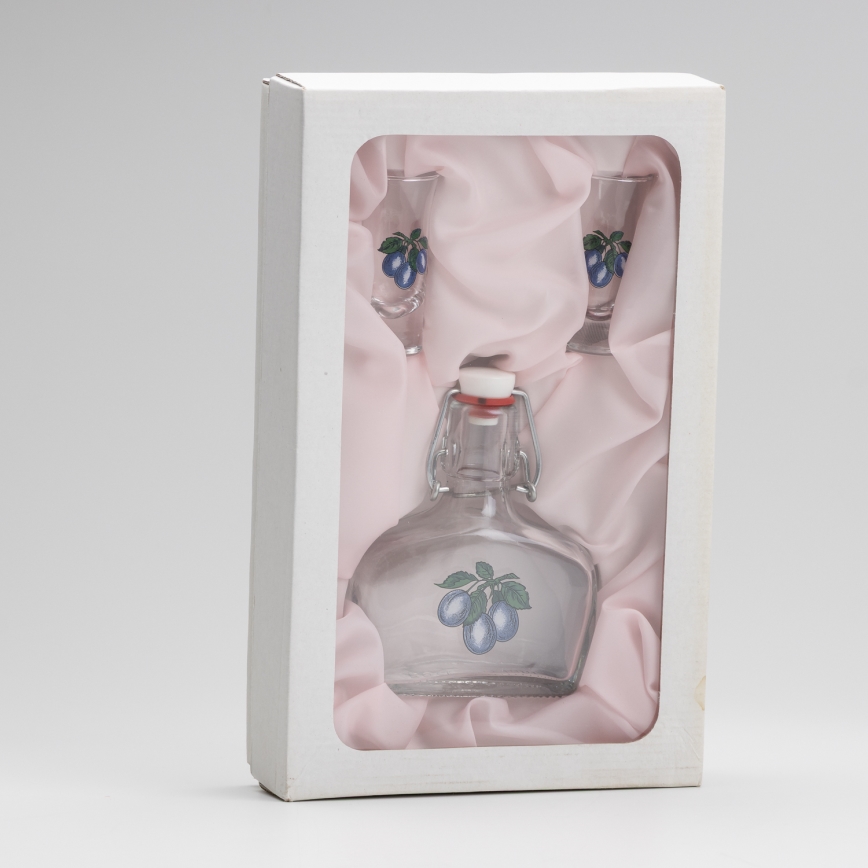 Set 1x Glasflasche und 2x Shot-Gläser klar mit Pflaumenmotiv