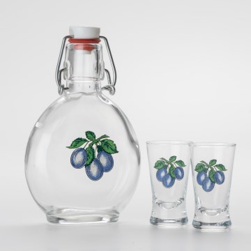 Set 1x Glasflasche und 2x Shot-Gläser klar mit Pflaumenmotiv