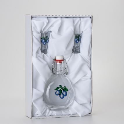 Set 1x Glasflasche und 2x Shot-Gläser klar mit Pflaumenmotiv