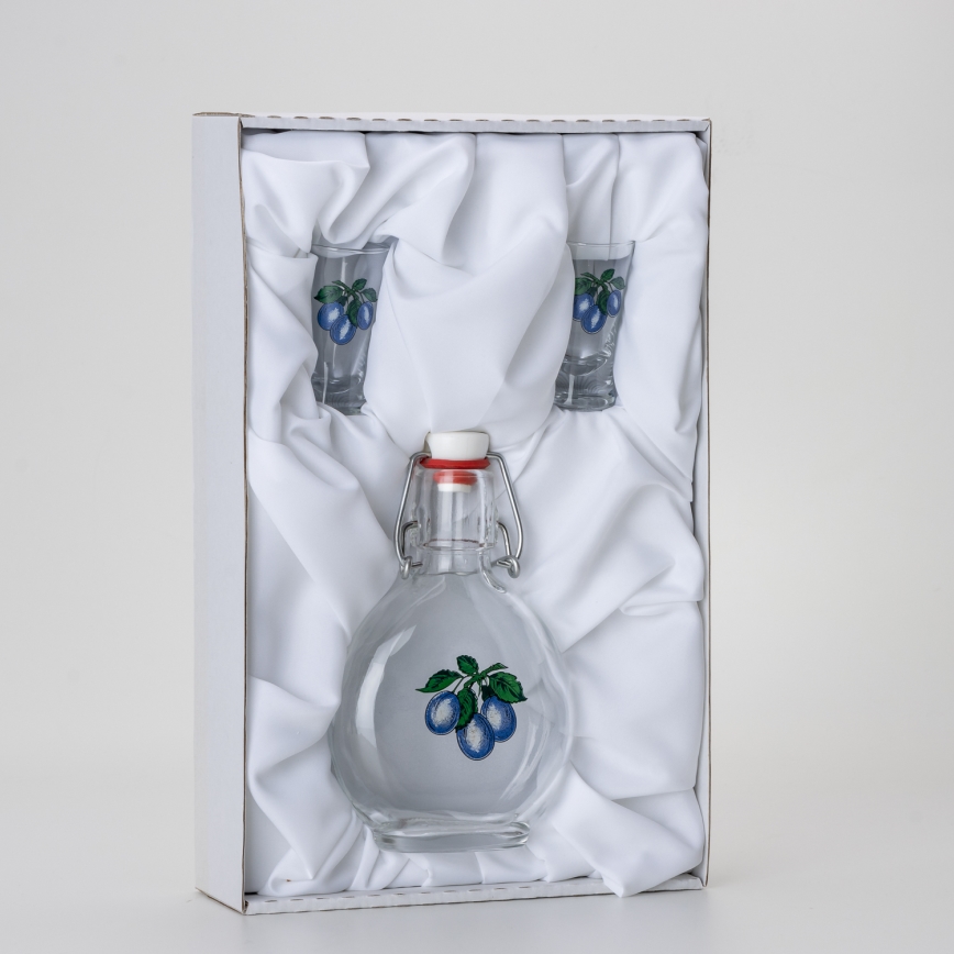 Set 1x Glasflasche und 2x Shot-Gläser klar mit Pflaumenmotiv