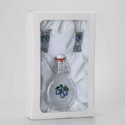 Set 1x Glasflasche und 2x Shot-Gläser klar mit Pflaumenmotiv