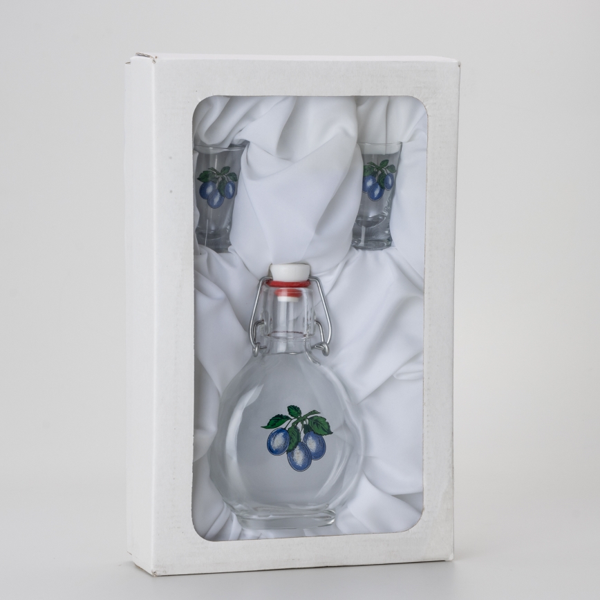 Set 1x Glasflasche und 2x Shot-Gläser klar mit Pflaumenmotiv