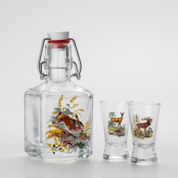 Set 1x Glasflasche und 2x Shot-Gläser klar mit Tiermotiv - Hase