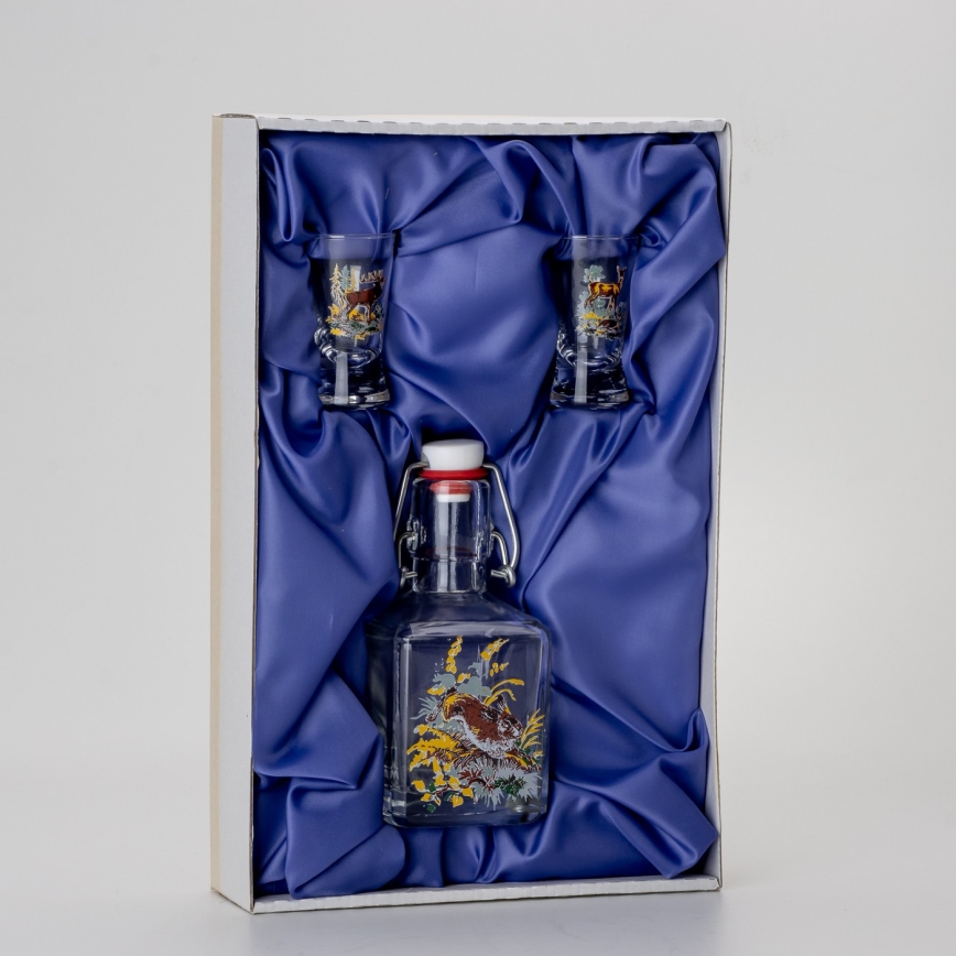 Set 1x Glasflasche und 2x Shot-Gläser klar mit Tiermotiv - Hase