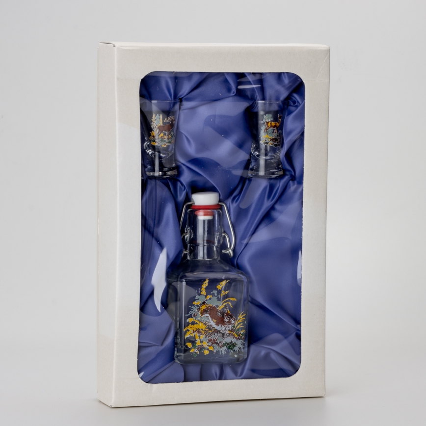 Set 1x Glasflasche und 2x Shot-Gläser klar mit Tiermotiv - Hase