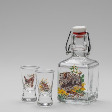 Set 1x Glasflasche und 2x Shot-Gläser klar mit Wildschwein-Motiv