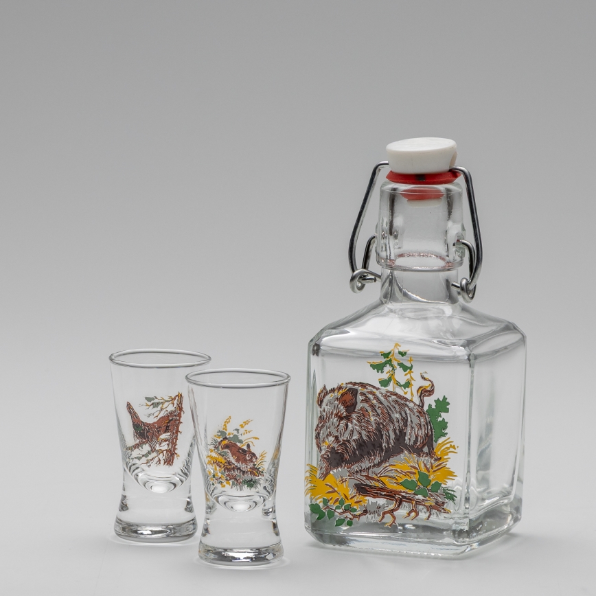 Set 1x Glasflasche und 2x Shot-Gläser klar mit Wildschwein-Motiv