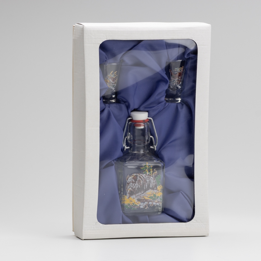 Set 1x Glasflasche und 2x Shot-Gläser klar mit Wildschwein-Motiv