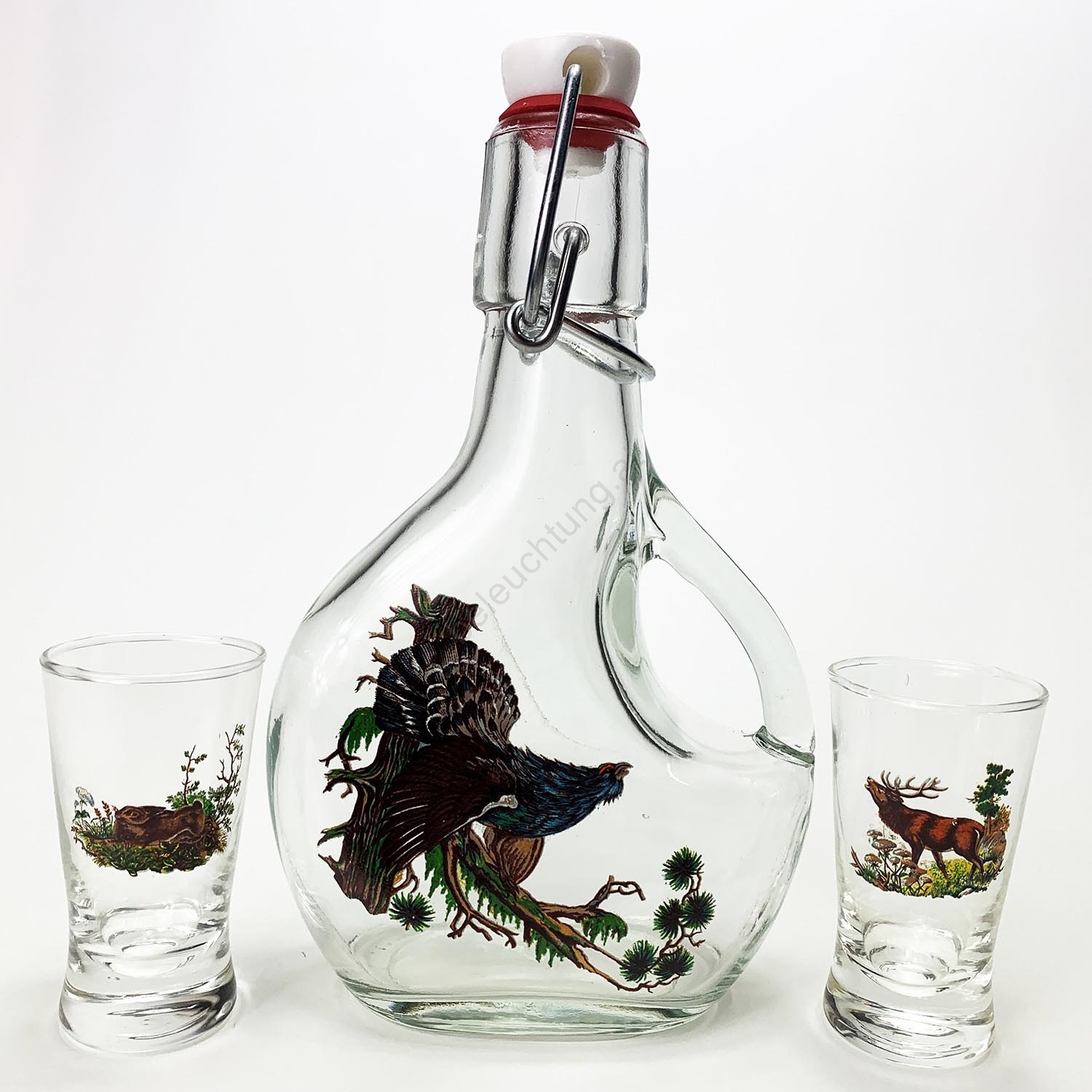 Set 1x große Flasche + 2x klare Schnapsgläser mit Wildtier-Motiven
