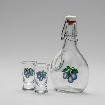 Set 1x große Flasche + 2x Shot-Gläser klar mit Pflaumenmotiv
