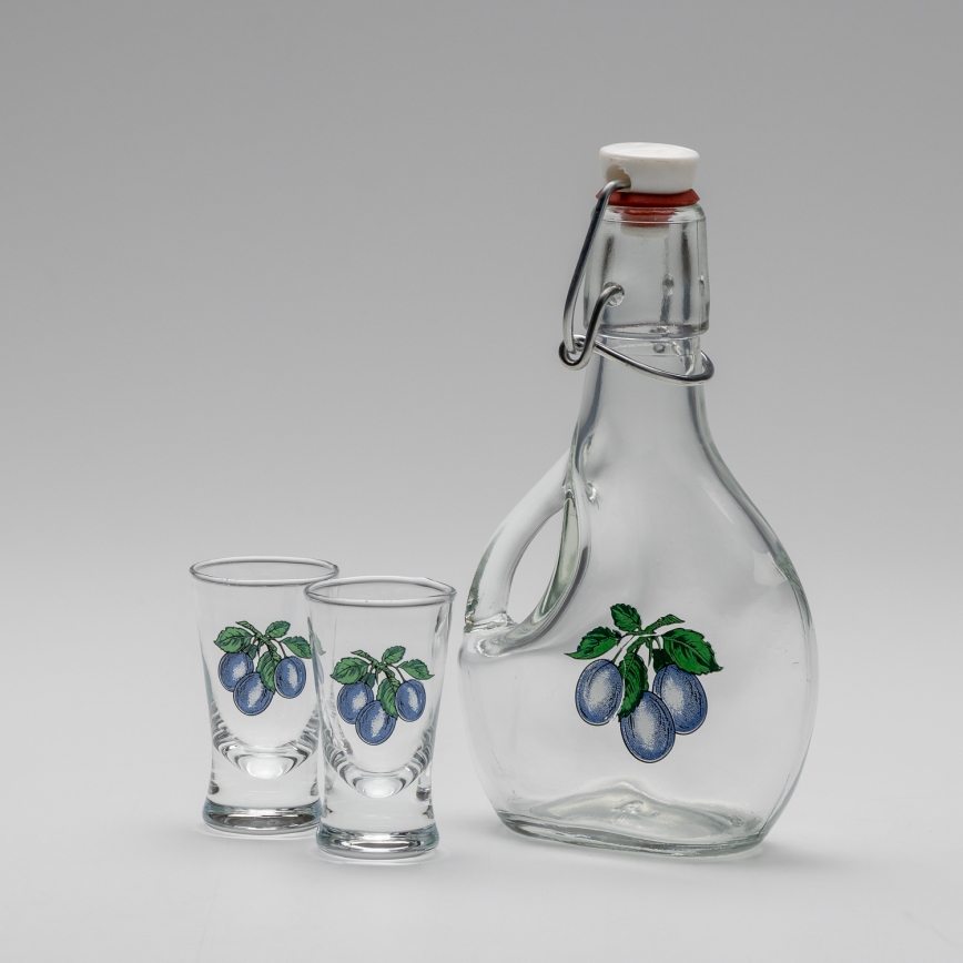 Set 1x große Flasche + 2x Shot-Gläser klar mit Pflaumenmotiv