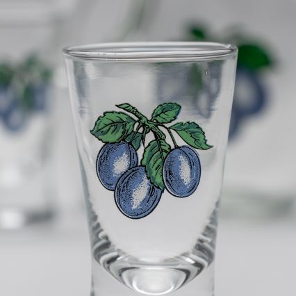 Set 1x große Flasche + 2x Shot-Gläser klar mit Pflaumenmotiv