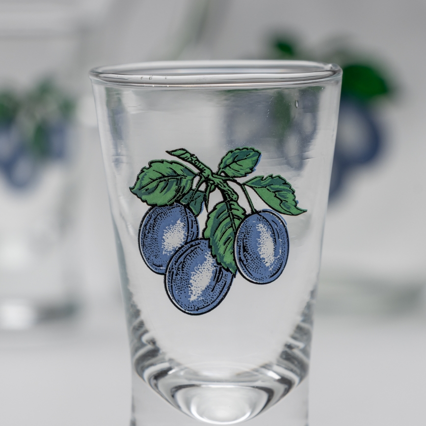 Set 1x große Flasche + 2x Shot-Gläser klar mit Pflaumenmotiv