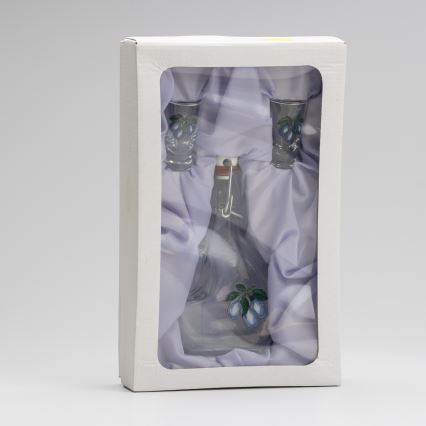 Set 1x große Flasche + 2x Shot-Gläser klar mit Pflaumenmotiv