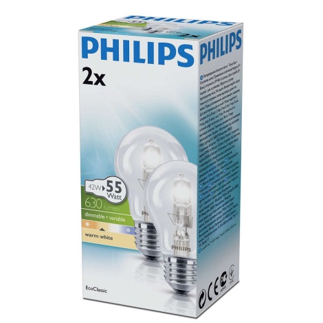 SET 2x dimmbare Halogenglühbirne E27/42W/230V - Philips
