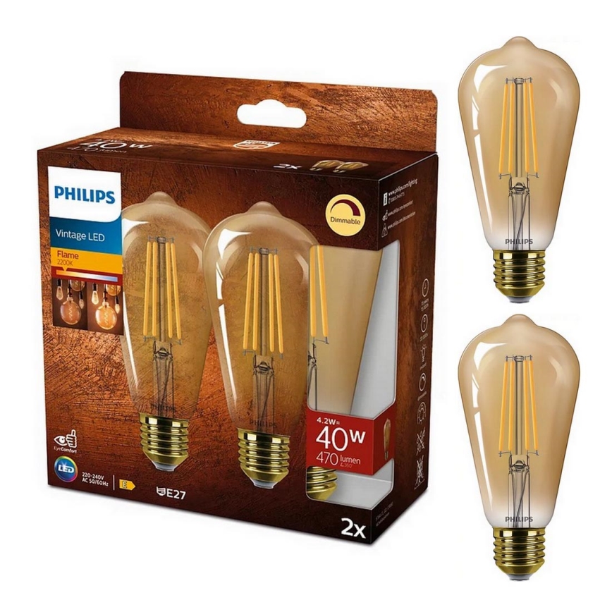 SET 2x Dimmbare LED-Glühlampe VINTAGE Philips ST64 E27/4,2W/230V 2200K