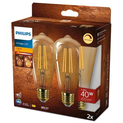 SET 2x Dimmbare LED-Glühlampe VINTAGE Philips ST64 E27/4,2W/230V 2200K