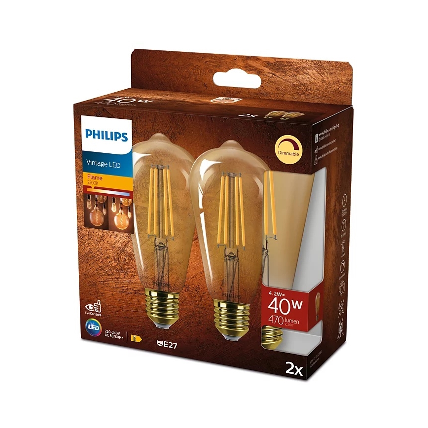 SET 2x Dimmbare LED-Glühlampe VINTAGE Philips ST64 E27/4,2W/230V 2200K