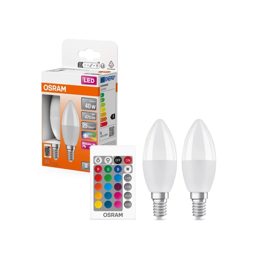 SET 2x Dimmbare LED-RGBW-Glühlampe B38 E14/4,9W/230V 2700K + Fernbedienung - Osram