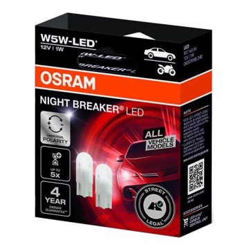 SET 2x LED-Autolampe NIGHT BREAKER W2.1x9.5d/1W/12V 5700K - Osram