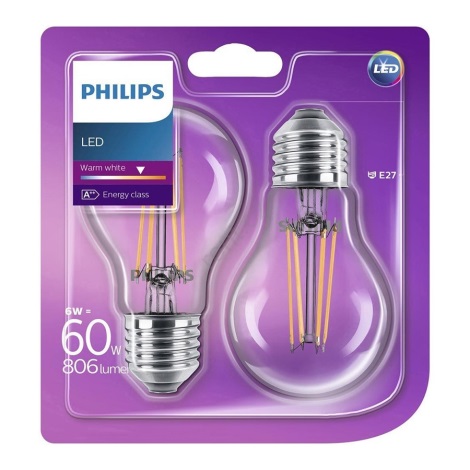 SET 2x LED Glühbirne E27/6W/230V - Philips