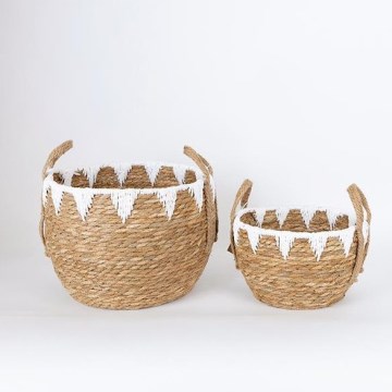 SET 2x Strohkorb beige/weiß 32x16,5x18/24x23,5x26 cm