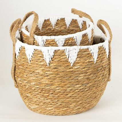 SET 2x Strohkorb beige/weiß 32x16,5x18/24x23,5x26 cm