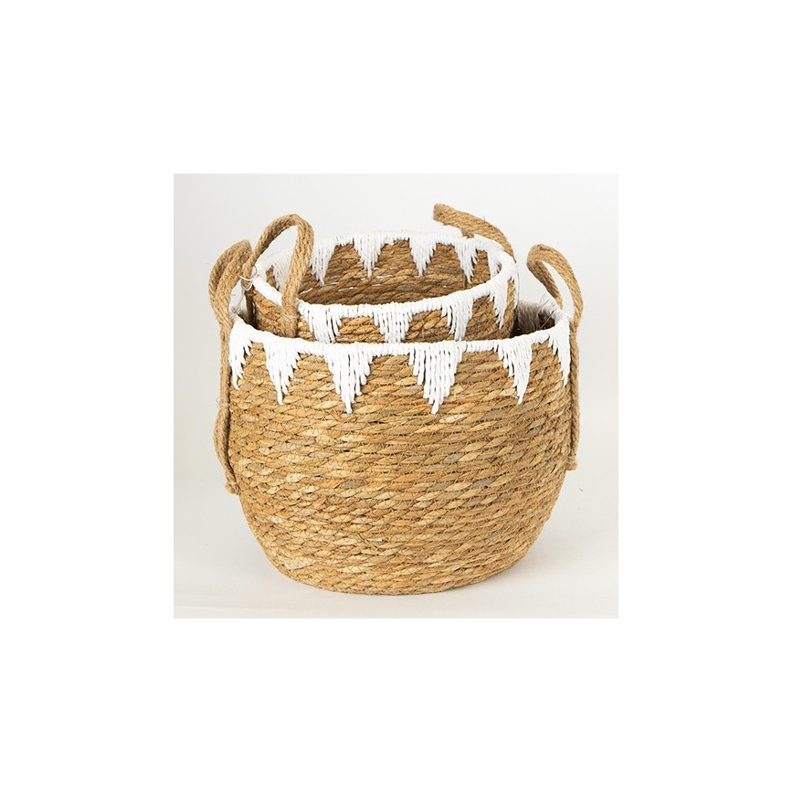SET 2x Strohkorb beige/weiß 32x16,5x18/24x23,5x26 cm