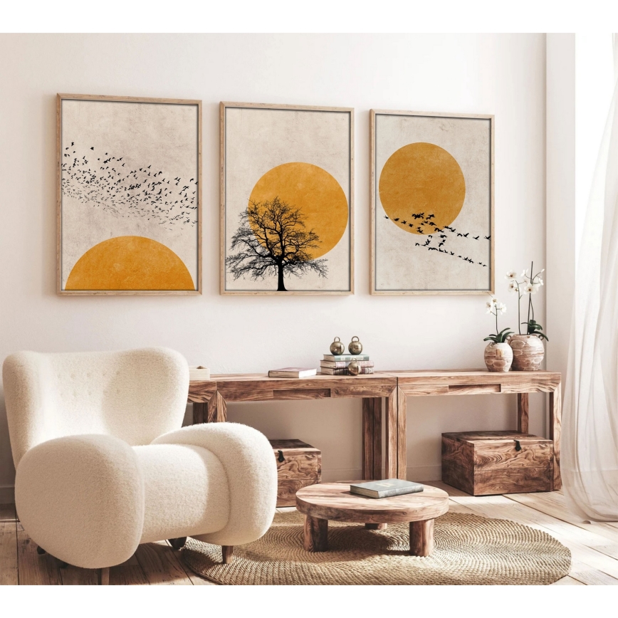SET 3x Bild im Fotorahmen 50x70 cm beige/gelb