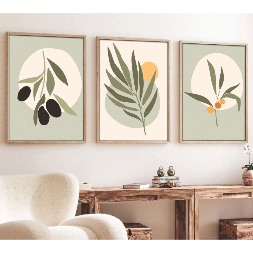 SET 3x Bild im Fotorahmen 50x70 cm Blätter