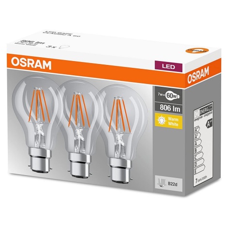 SET 3x LED Glühbirne B22d/7W/230V 2700K - Osram