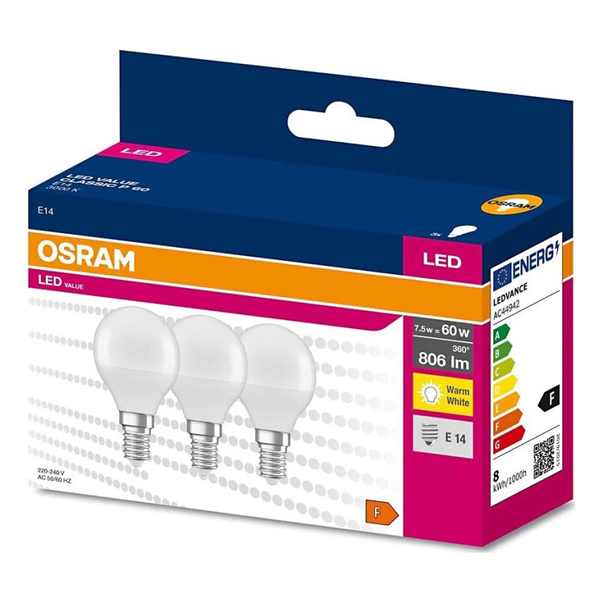 SET 3x LED-Glühlampe P45 E14/7,5W/230V 3000K - Osram